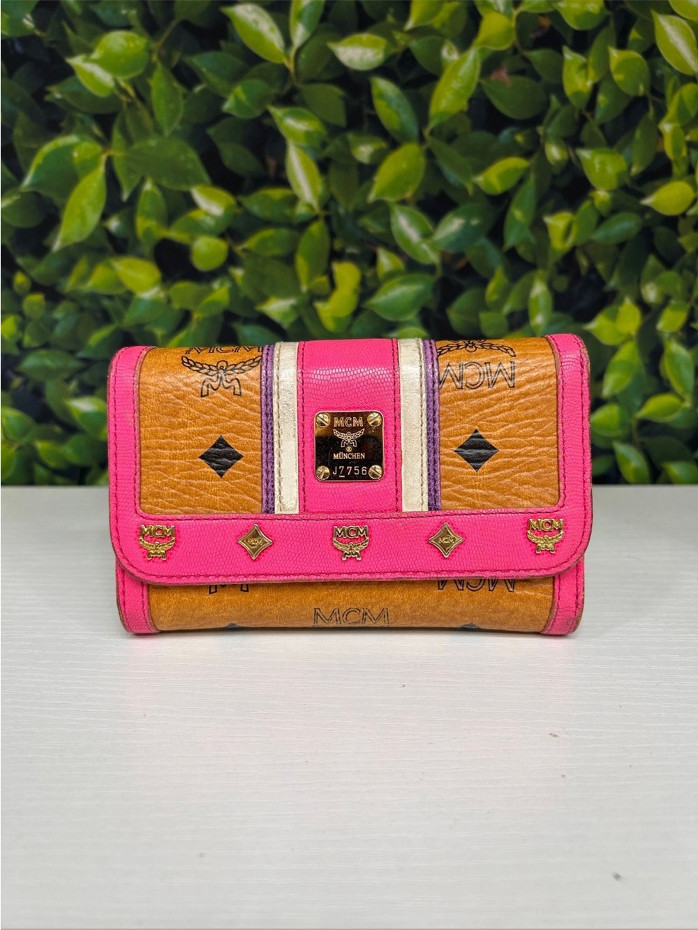 MCM Cognac Visetos Wallet with Hot Pink Trim